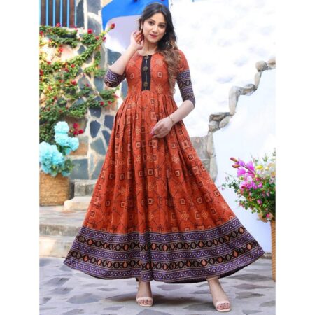 Pickoneonline copper brown cotton flared printed long kurti