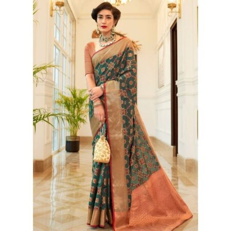 Pickoneonline dark green patola silk saree with golden border