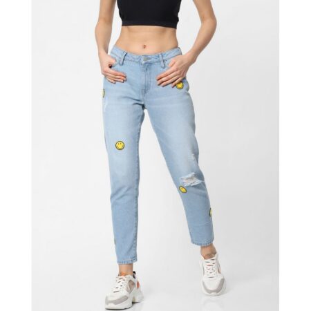 Pickoneonline x smiley blue mid rise smiley print mom jeans