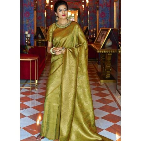 Pickoneonline olive green and golden blend woven kanjivaram soft silk saree