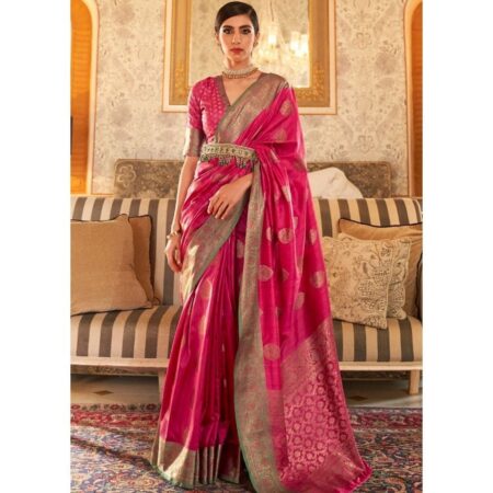 Pickoneonline ruby pink woven banarasi tussar silk saree