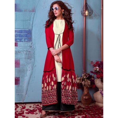 Pickoneonline kajal cream kurta with printed shrug