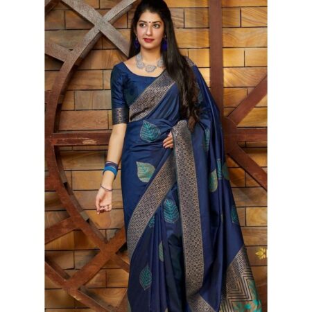 Pickoneonline navy blue silk saree with zari border