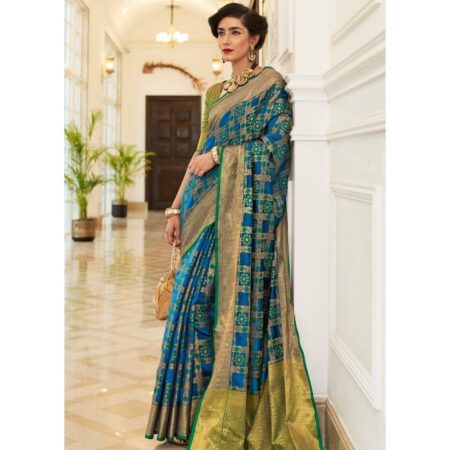 Pickoneonline blue patola silk saree with golden border